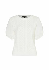Weißer, gestrickter Pullover mit kurzen Ärmeln, der ein strukturiertes Muster und einen gerippten Saum aufweist. Puffärmel verleihen dem Design Volumen.