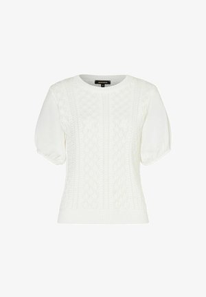 Weißer, gestrickter Pullover mit kurzen Ärmeln, der ein strukturiertes Muster und einen gerippten Saum aufweist. Puffärmel verleihen dem Design Volumen.