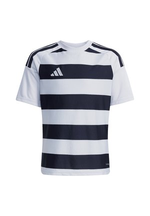 Kurzärmeliges Sporttrikot mit breiten horizontalen schwarz-weißen Streifen, Adidas-Logo auf der Brust und schwarzen Streifen auf weißen Schultern.