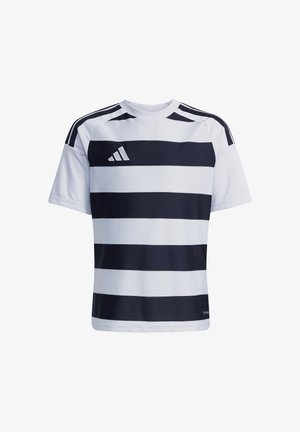 Maillot de sport à manches courtes avec larges rayures horizontales noires et blanches, logo Adidas sur la poitrine et rayures noires sur les épaules blanches.