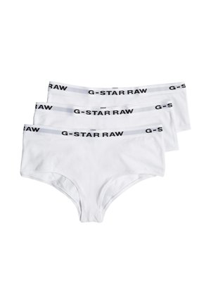Białe bawełniane majtki w zestawie trzech sztuk, z szarym pasem z czarnym logo "G-STAR RAW". Tkanina jest gładka, o klasycznym kroju.