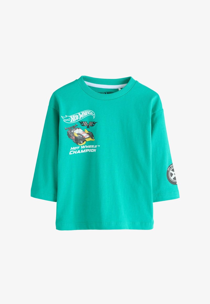 T-shirt turquoise à manches courtes en coton, avec un graphique coloré d'une voiture de course et le texte "Champion des Hot Wheels" sur le devant.