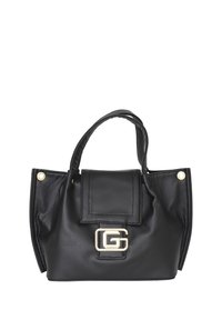 Borsa in pelle nera con una forma strutturata, dotata di una pattina frontale, accessori in oro e dettagli laterali. Due manici corti per il trasporto.