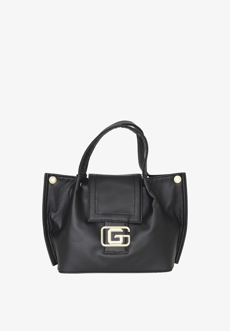 Borsa in pelle nera con una forma strutturata, dotata di una pattina frontale, accessori in oro e dettagli laterali. Due manici corti per il trasporto.