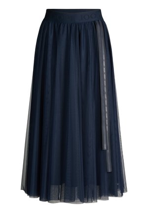 Marineblauer Tüll-Midirock mit elastischem Bund und gebrandetem Banddetail, das seitlich hängt.