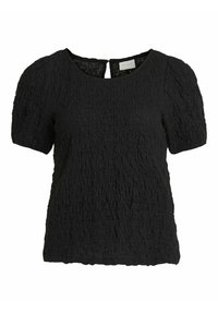 Top corto nero a maniche corte realizzato in un tessuto texturizzato e leggermente stropicciato. Presenta un collo rotondo e una piccola apertura sul retro, offrendo un design informale.