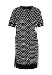 Schwarz-weißes kurzärmeliges Kleid mit einem kreisförmigen Muster, geripptem Rundhalsausschnitt und gestreiften Akzenten an den Ärmeln und Seitennähten.