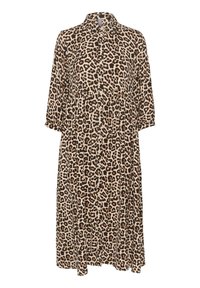 Rochie cu imprimeu leopard, cu guler, mâneci trei sferturi, închidere cu nasturi în față și fustă în straturi. Materialul are o textură moale și o paletă de culori pământii.
