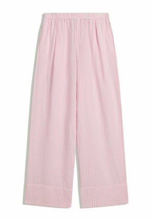 Pantaloni a gamba larga a righe rosa con vita elasticizzata, caratterizzati da un tessuto testurizzato e una leggera svasatura all'orlo.