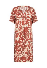 Short-sleeve dress in cream with a large red floral pattern. Features a V-neckline and loose fit for comfort. Made from lightweight fabric.