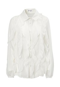 Camicia bianca con un design arricciato, maniche lunghe e chiusura con bottoni. Realizzata in tessuto leggero con una superficie liscia.