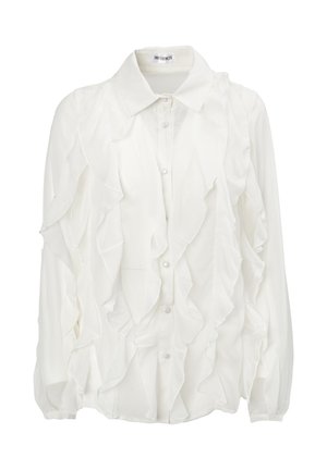 Camicia bianca con un design arricciato, maniche lunghe e chiusura con bottoni. Realizzata in tessuto leggero con una superficie liscia.