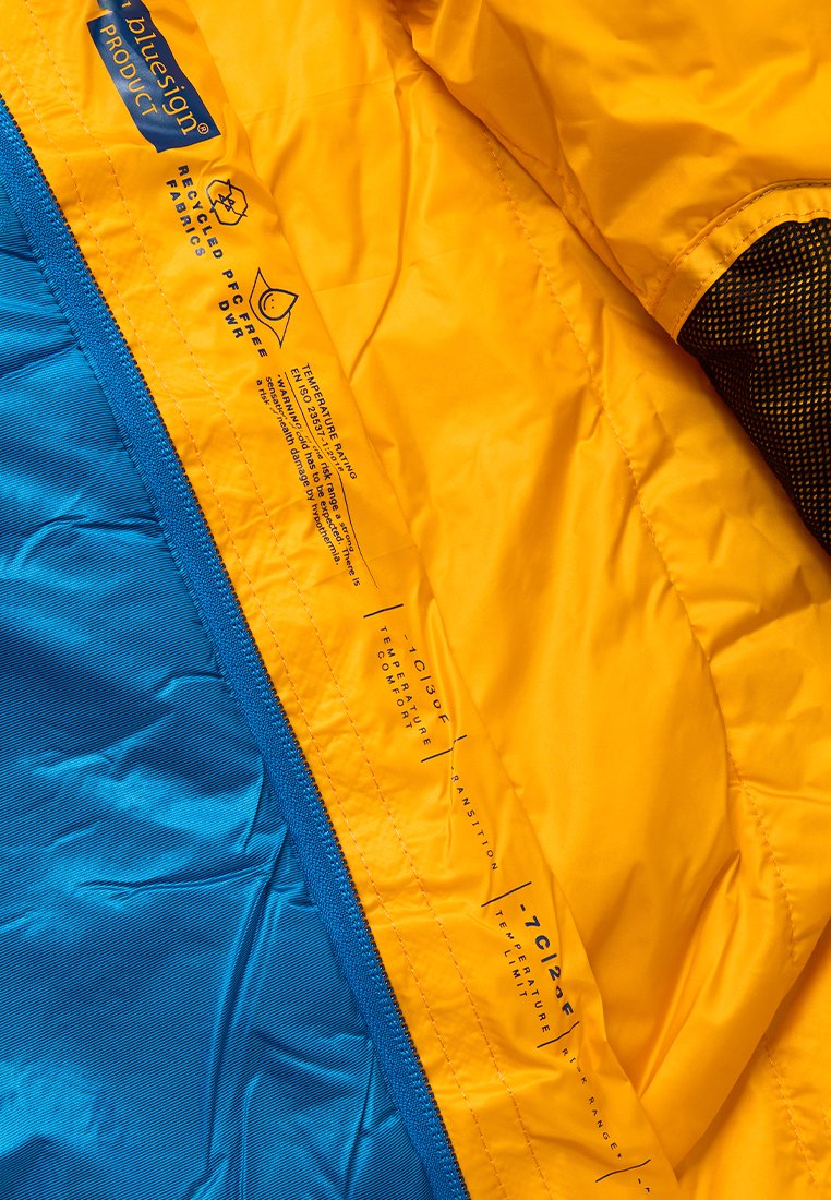 Forro de chaqueta aislante amarilla y azul con etiqueta que muestra las temperaturas recomendadas y las instrucciones de cuidado; presenta una textura suave y materiales duraderos.