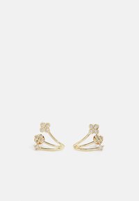 Boucles d'oreilles en doré avec un design floral comportant trois fleurs, dont deux avec des pierres transparentes et une avec un accent en or rose, finies par des lignes courbes.