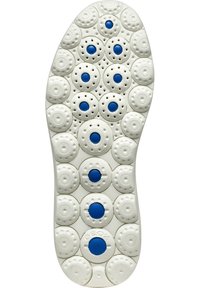 Suola di scarpa in gomma bianca con motivi circolari e accenti blu, testurizzata per la presa e perforata per la traspirabilità.