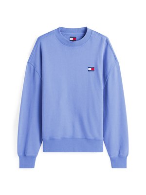 Sweatshirt bleu clair en coton avec un col rond côtelé et des poignets en côte. Présente un petit logo de marque sur le haut de la poitrine gauche.