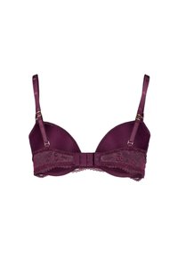 Lila bh med slät tyg och spetsdetaljer. Har justerbara axelband, en hyskanslutning och blommig spetstrimma längs bandet.