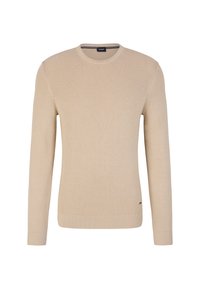 Maglione a coste beige con maniche lunghe e scollo rotondo. Presenta un colore uniforme e un piccolo logo accentato vicino all'orlo.