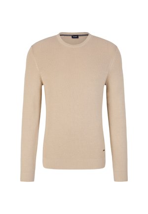Beżowy sweter z prążkowanego materiału z długimi rękawami i okrągłym dekoltem. Charakteryzuje się jednolitym kolorem oraz małym logo w pobliżu dołu.