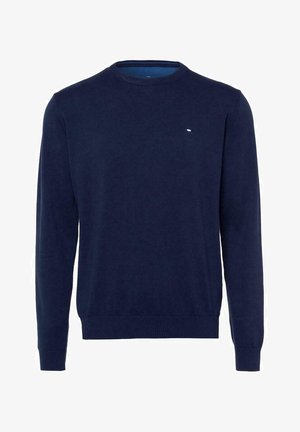 Granatowy sweter typu crew-neck o dziewiarskiej fakturze, z mankietami i dolnym ściągaczem, z małym logo na piersi.