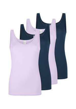 Cinq débardeurs sans manches aux couleurs alternées violet clair et bleu foncé, disposés en formation décalée et superposée.