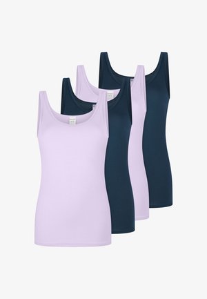 Fünf ärmellose Tanktops in abwechselnden hellvioletten und dunkelblauen Farben, die in einer versetzt überlappenden Formation angeordnet sind.