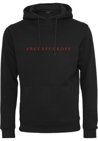 Černá mikina s kapucí vyrobená z bavlněné směsi, s přední klokaní kapsou, stahovacími šňůrkami a červeným nápisem "ABCDEFUCKOFF" přes hrudník.