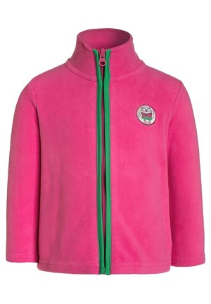 Jasnoróżowa kurtka z polaru z zielonym obszyciem zamka i małym emblematem sowy na lewej piersi, z kołnierzem stójką i długimi rękawami.