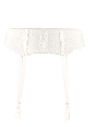 Ce porte-jarretelles en dentelle blanche arbore des motifs floraux, des bords en dents de scie, des sangles en satin et un détail de bouton à l'avant.