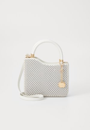 White handbag with textured woven pattern, rounded handle, long strap, and gold chain charm against a plain white background.