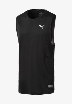 Camiseta deportiva negra sin mangas fabricada con tela ligera. Presenta paneles laterales de malla y un logo blanco de Puma en el pecho.