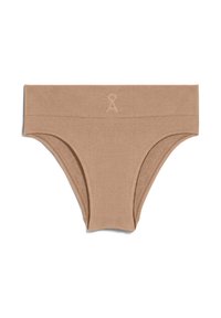 Beige nahtlose gerippte Slip mit breitem Bund und dezentem Logo. Weiche Textur, figurbetontes Design und mittelhoher Schnitt für Komfort.