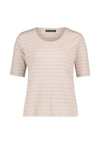 Striped short-sleeve t-shirt in cream and light pink. Features a round neckline and soft, textured fabric. Brand label on the neckline.