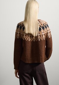 Bruine gebreide trui met een gebreide inzet in beige, crème en marineblauw. Bevat geribde manchetten en een zoom, die een gestructureerde, comfortabele afwerking toont.