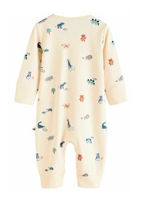 Grenouillère à manches longues pour bébé en tissu doux, couleur crème, ornée de motifs d'animaux multicolores, avec des poignets et un col côtelés.