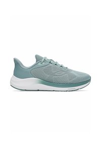 Light blue athletic running shoe with mesh upper, lace closure, cushioned white and teal sole, and "Charged" logo near the toe.