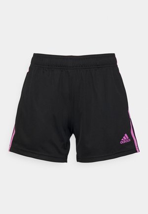 Sorte atletikshorts med pinke sidelister og pink Adidas-logo på højre ben, elastisk taljebånd, lagt fladt på hvid baggrund.