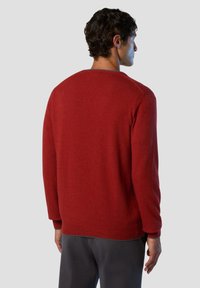 Maglione rosso con maniche lunghe, polsini a costine e collo a giro. Tessuto morbido e silhouette pulita, mostrato da dietro.