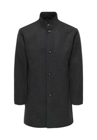 Mørkegrå uldfrakke med mandarin-krave, seks knapper foran og sidelommer. Glat tekstur med en ren, skræddersyet design.