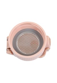Compact strainer with a pastel pink exterior and gray mesh. Features a textured surface and a clip handle for easy use.