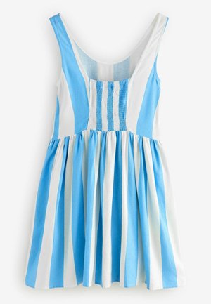 Sinine ja valge triibuline suvekleit õhukeste rihmadega, rihmadega kehaosa ja laienev seelik; valmistatud kerge kangaga.