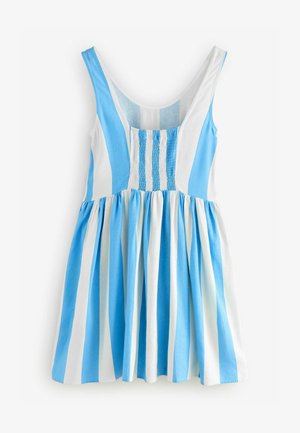 Sinine ja valge triibuline suvekleit õhukeste rihmadega, rihmadega kehaosa ja laienev seelik; valmistatud kerge kangaga.