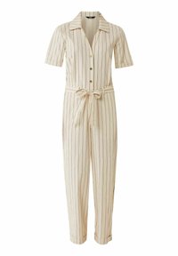 Monos de rayas beige con mangas cortas, cuello de solapa, botones frontales y un cinturón atado en la cintura. La tela parece suave y ligera.