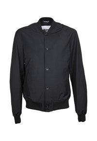 Schwarze Bomberjacke mit rundem Kragen, Knopfverschluss vorne und gerippten Bündchen und Saum. Hergestellt aus glattem Stoff mit einem einfarbigen Design.