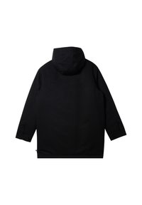 Veste noire à capuche, avec une coupe droite, des manches longues et une texture lisse. Design minimaliste, sans logos ni motifs visibles.