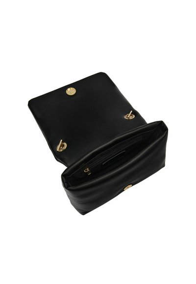 Black leather bag with a smooth texture. Features gold hardware, a magnetic closure, and an interior zip pocket for organization.