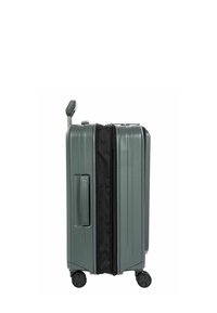 Valise rigide de couleur vert foncé, dotée d'une fermeture éclair noire, d'une poignée latérale, d'un trolley rétractable et de quatre roues noires pour la mobilité.