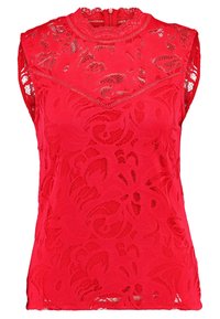 Top sin mangas rojo hecho de encaje, con patrones florales y un cuello alto, cerrado por una cremallera en la parte posterior.