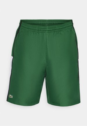 Pantaloni scurți sport verzi cu talie elastică, panouri laterale albe și accente negre. Prezintă un material texturat și un logo Lacoste pe margine.