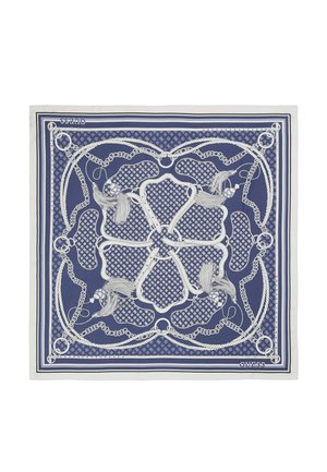Écharpe en soie navy avec un motif complexe de chaînes et de cordes blanches, ornée de franges et d'un design géométrique. Bordée d'un contour blanc contrastant.